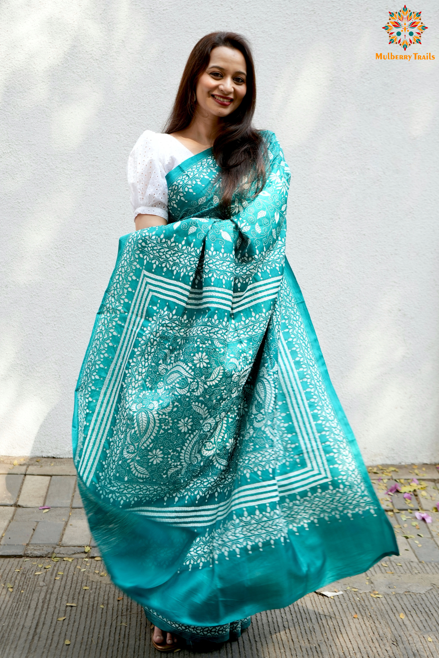 Rima - Cyan Silk Saree with floral Embroidery