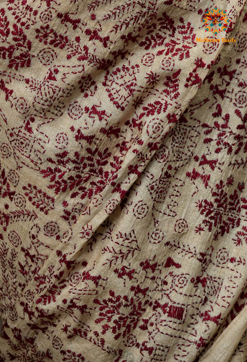 Rima - Pure Ghhachi Tusser Silk Warli Embroidery Saree Maroon