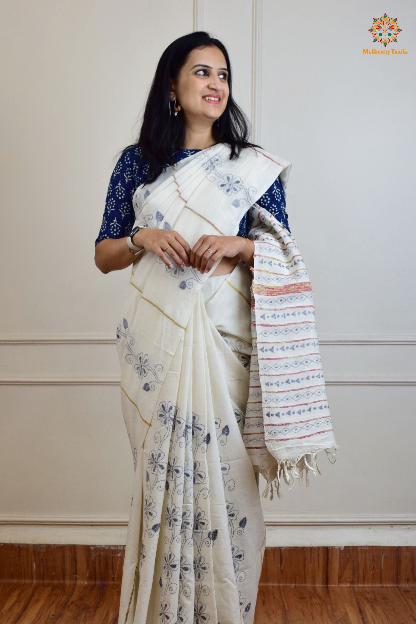 Vipas: Cotton Handloom Saree with Kantha Embroidery