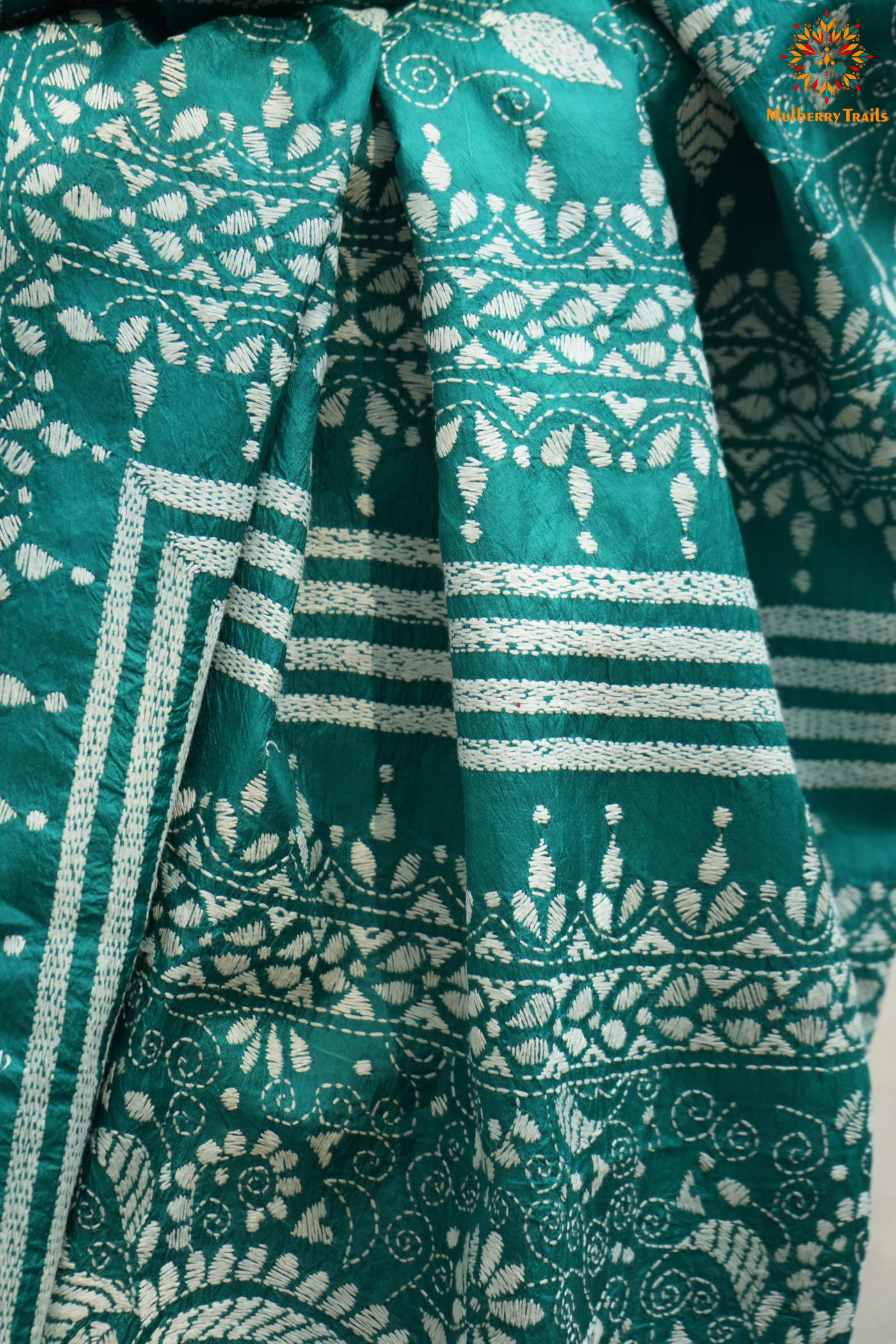 Rima - Cyan Silk Saree with floral Embroidery