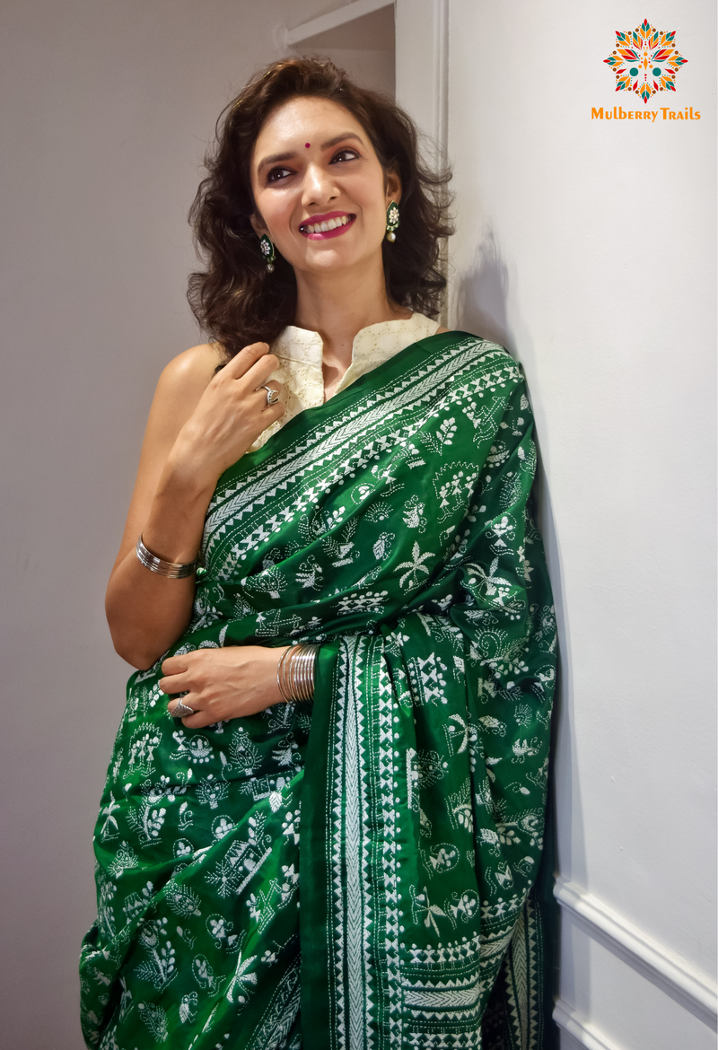 Rima - Green Warli Bangalore Silk Kantha Embroidery Saree
