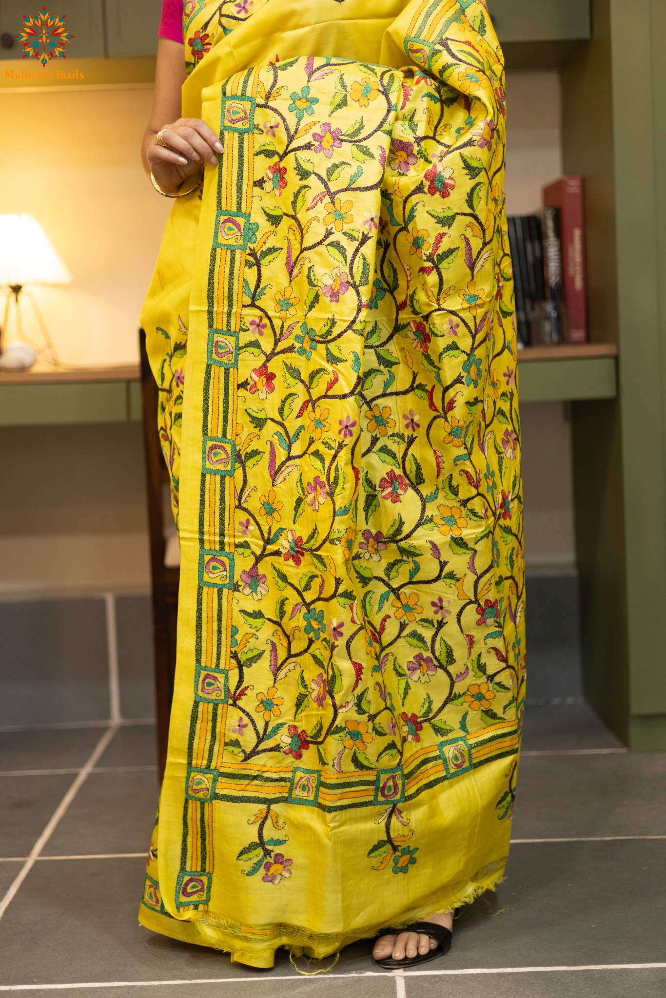 Rima - Tusser silk saree with kantha embroidery yellow