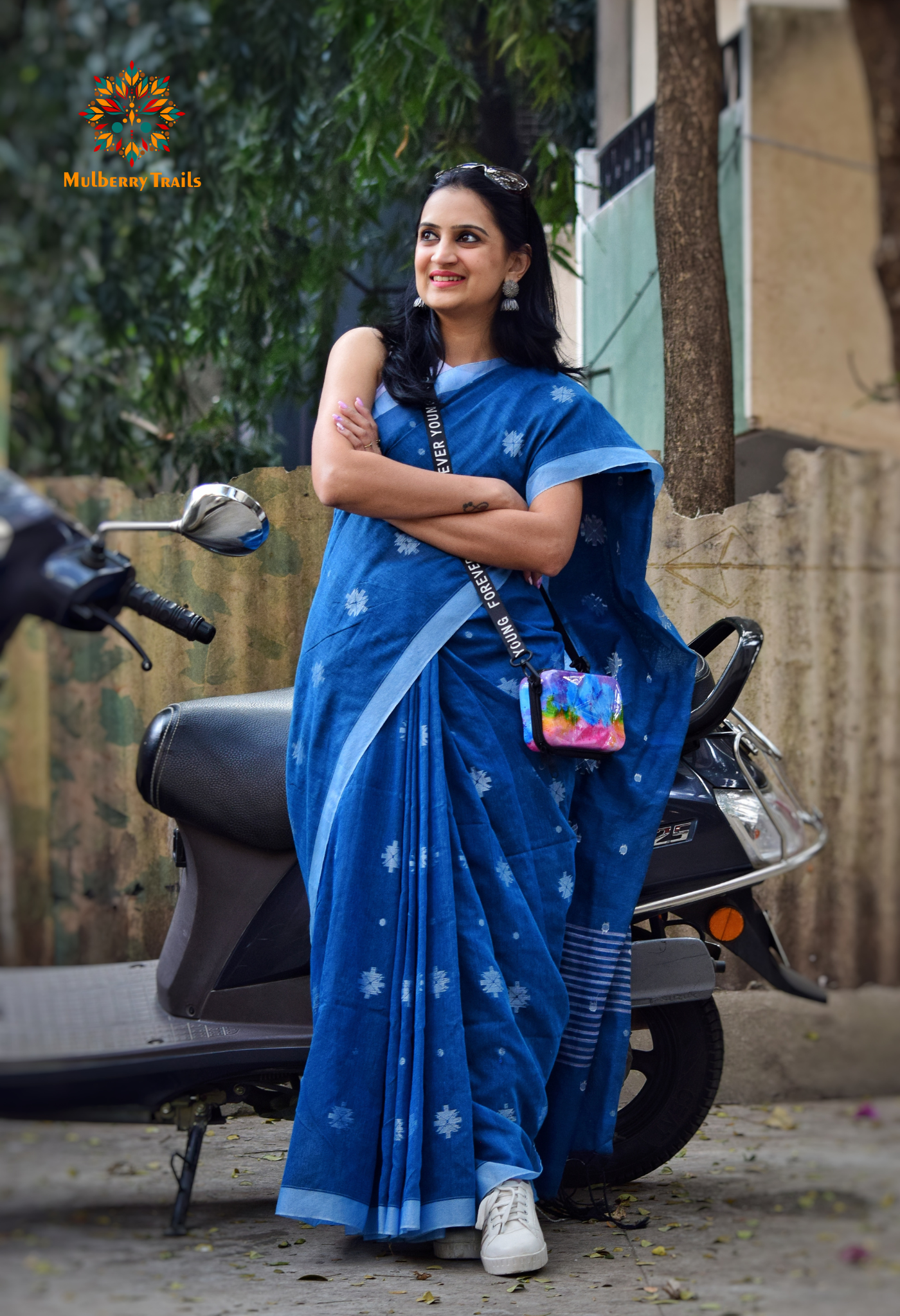 Aravi: Flowy Summer Cotton Saree Denim Blue