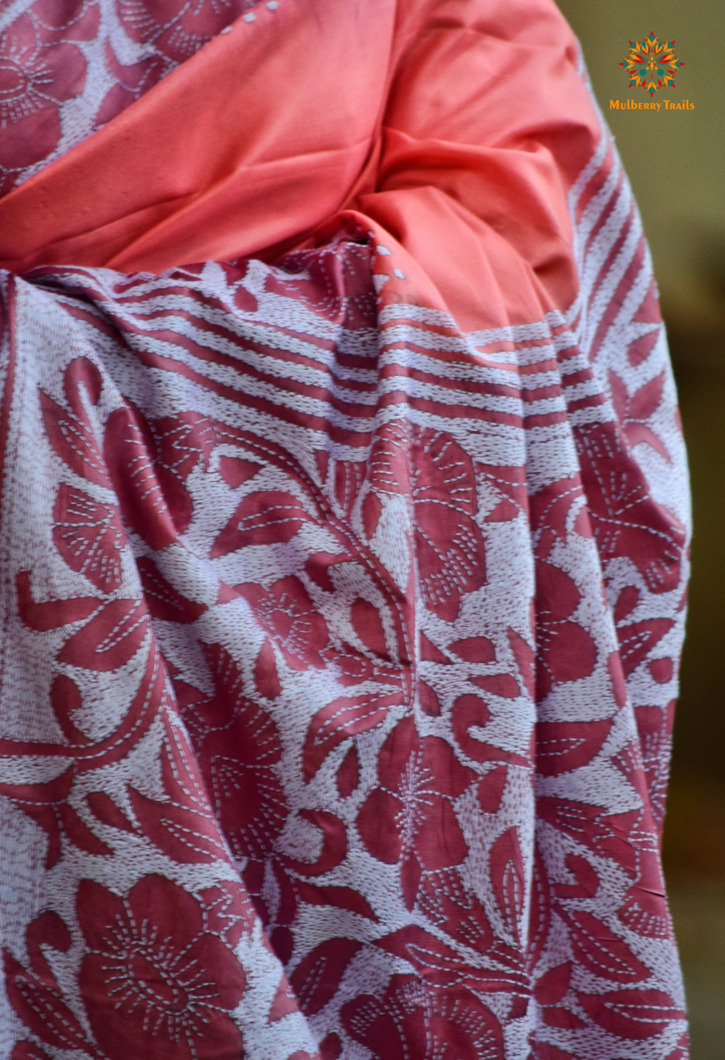 Koyna - Art Silk Kantha Embroidery Saree Pink Two Tone