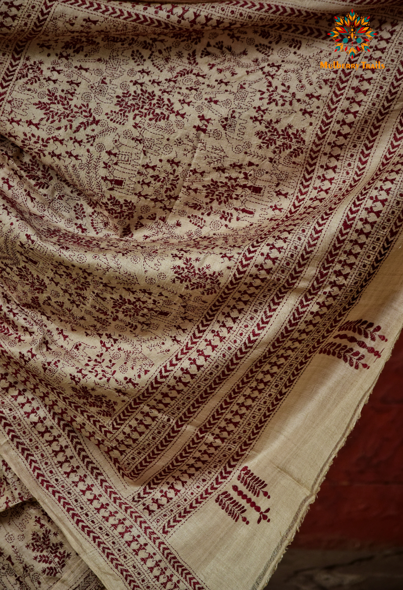 Rima - Pure Ghhachi Tusser Silk Warli Embroidery Saree Maroon