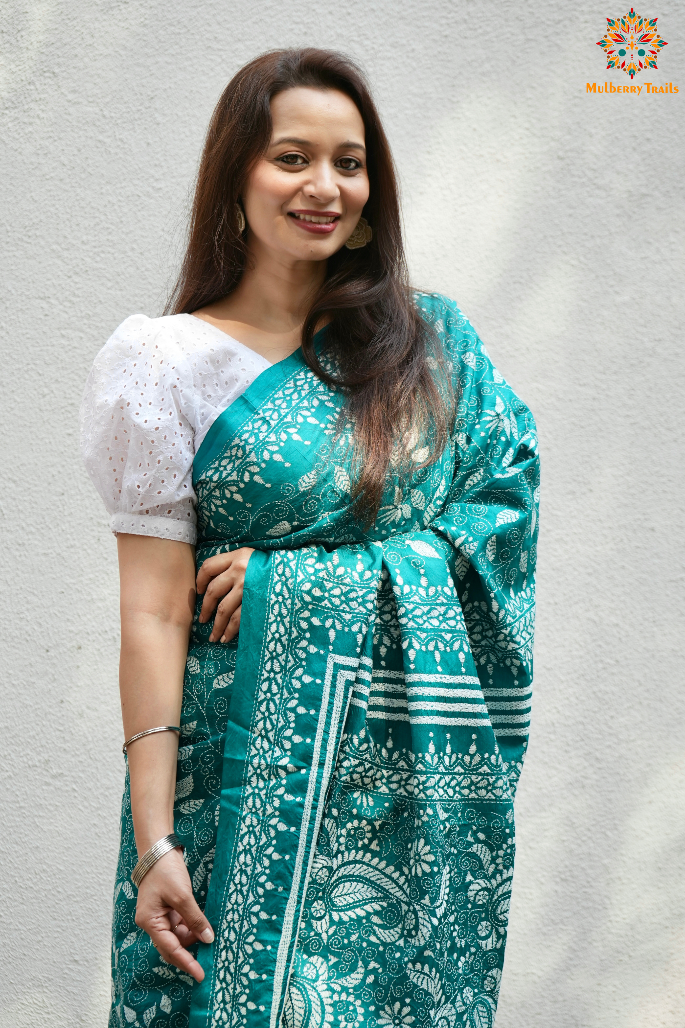 Rima - Cyan Silk Saree with floral Embroidery