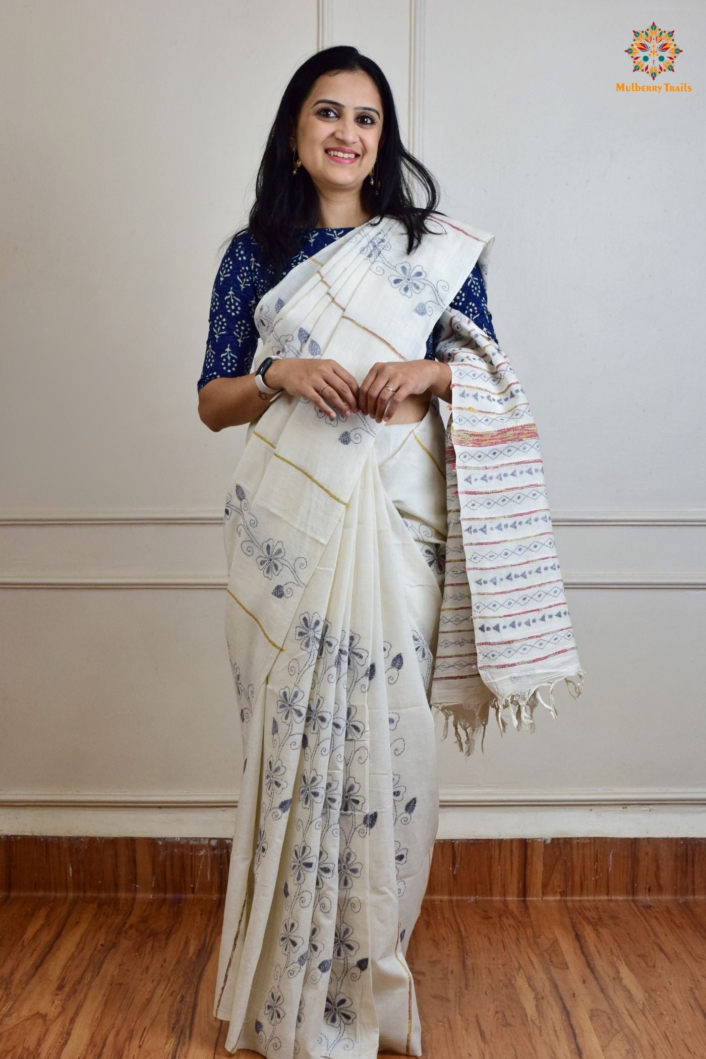 Vipas: Cotton Handloom Saree with Kantha Embroidery