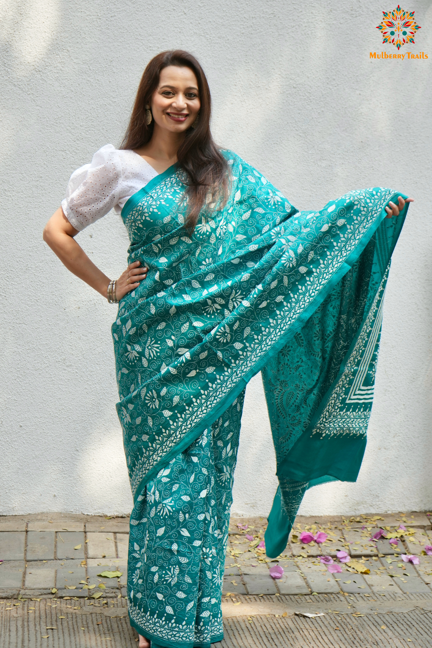 Rima - Cyan Silk Saree with floral Embroidery