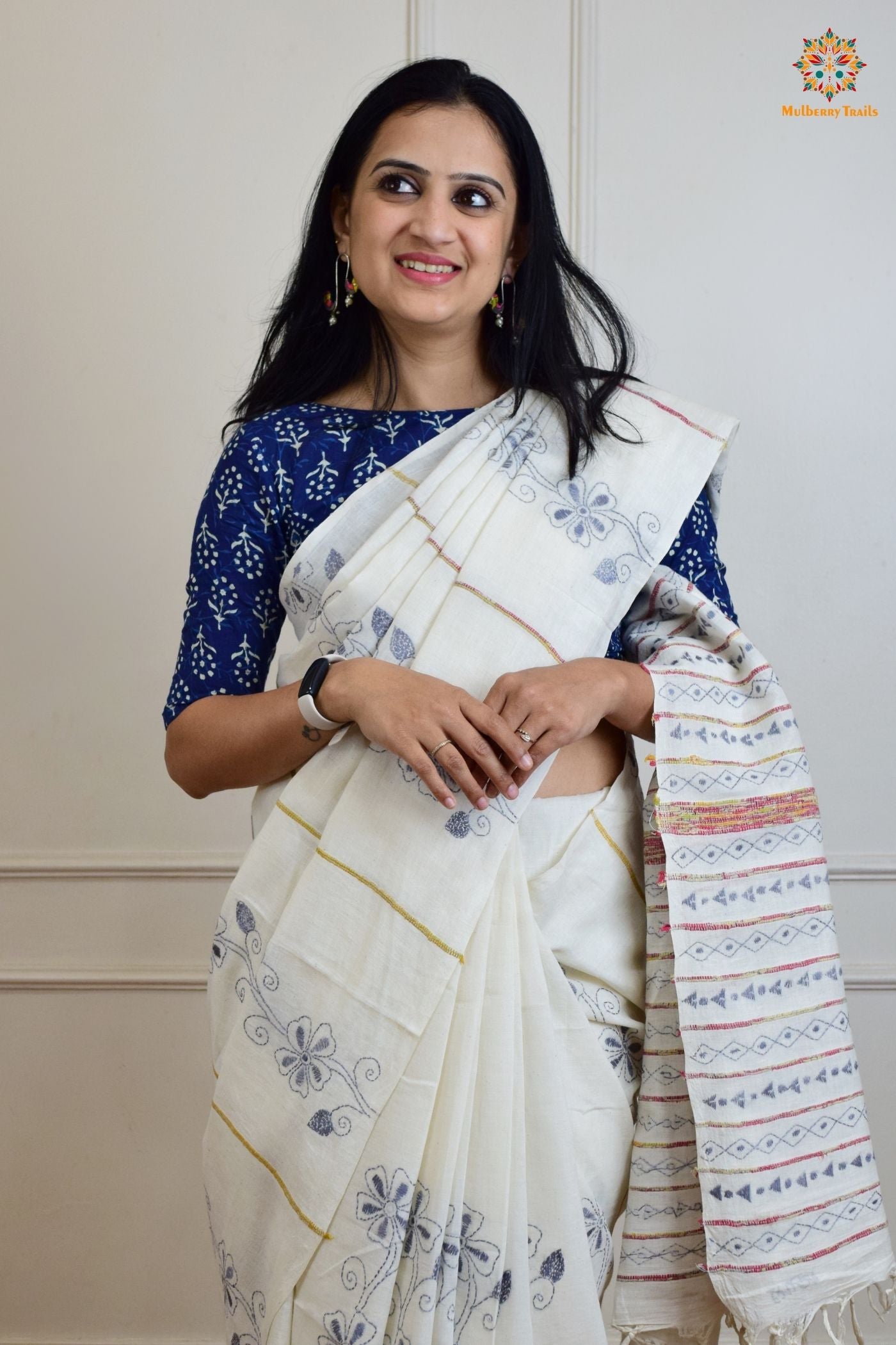 Vipas: Cotton Handloom Saree with Kantha Embroidery