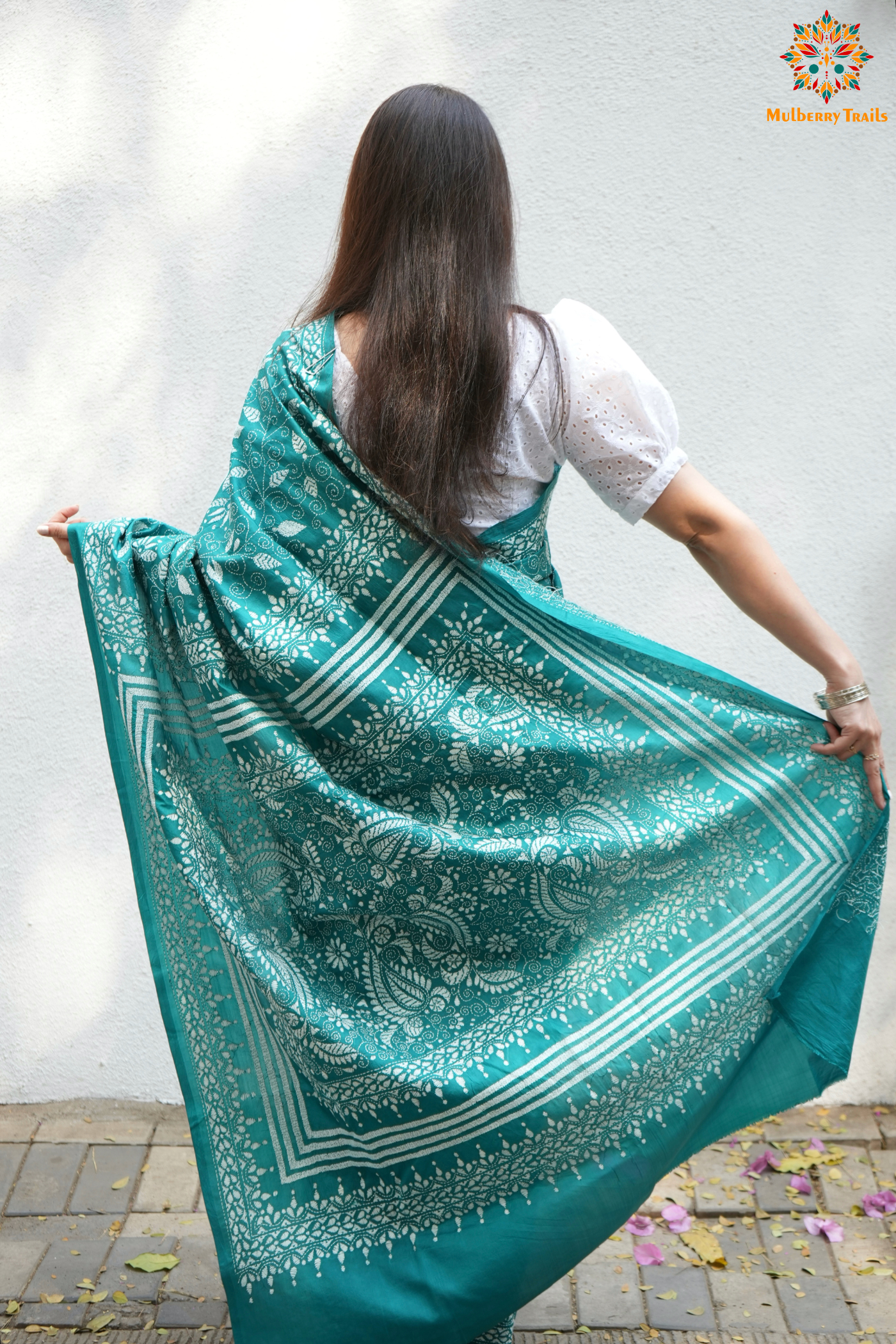 Rima - Cyan Silk Saree with floral Embroidery