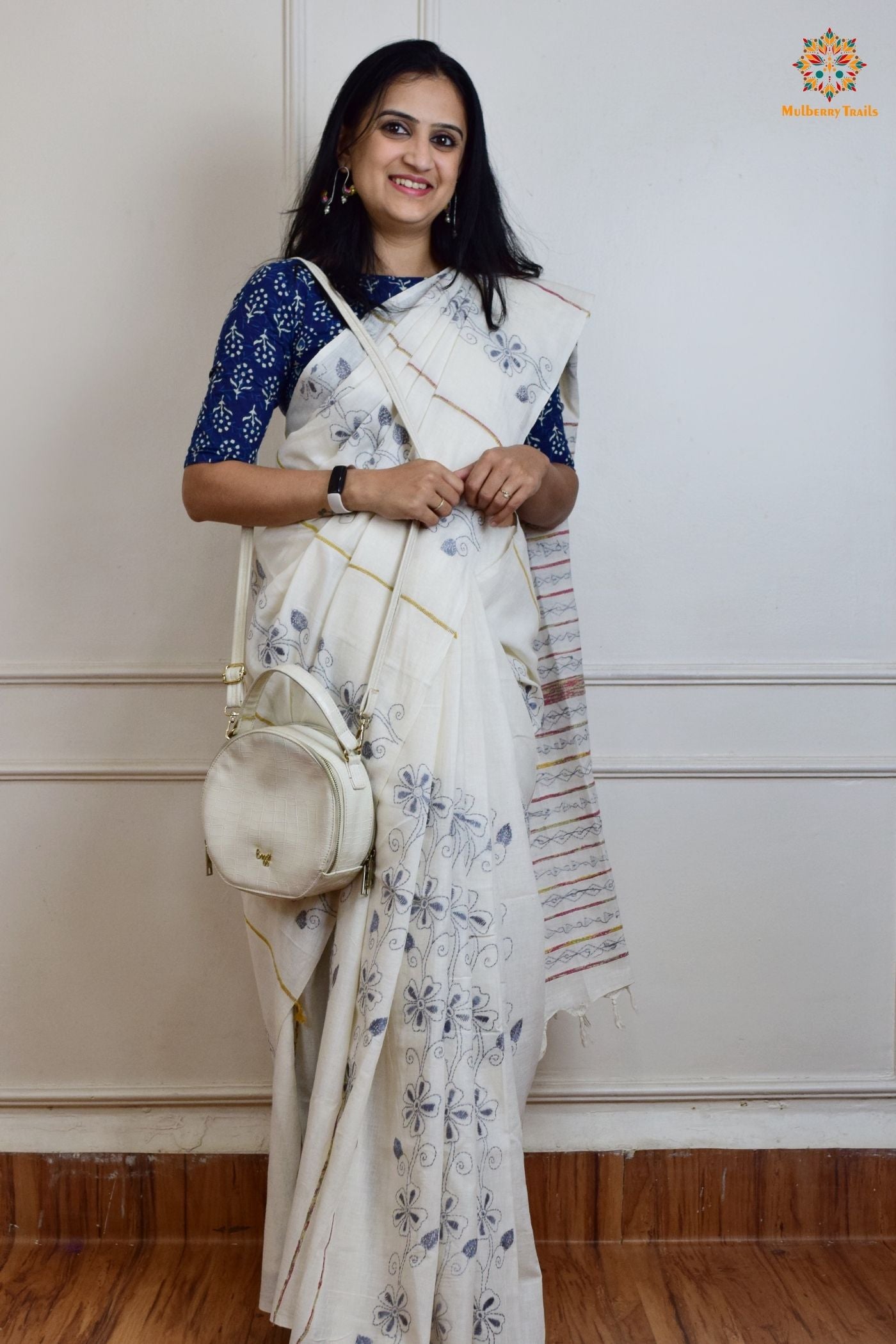 Vipas: Cotton Handloom Saree with Kantha Embroidery