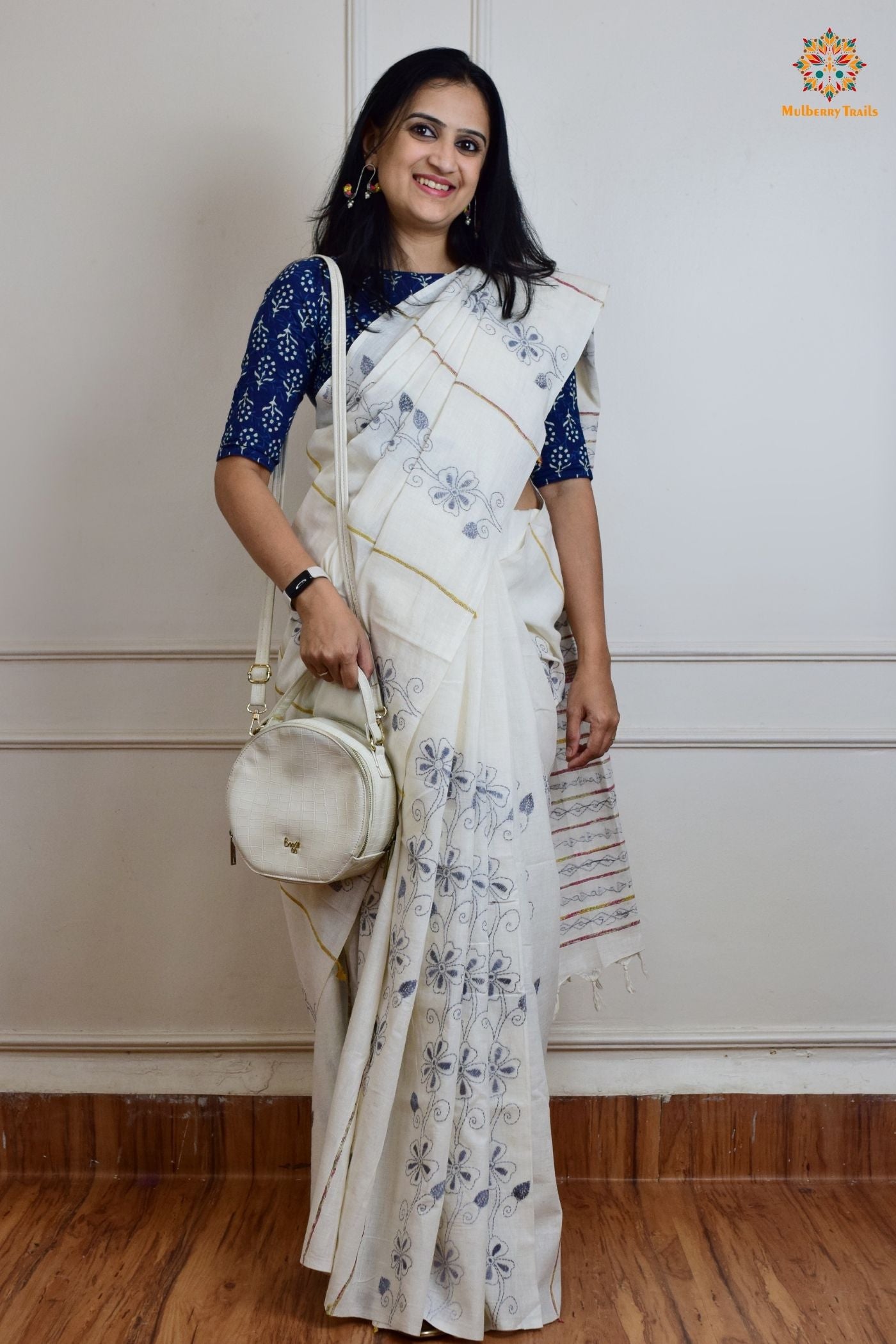 Vipas: Cotton Handloom Saree with Kantha Embroidery