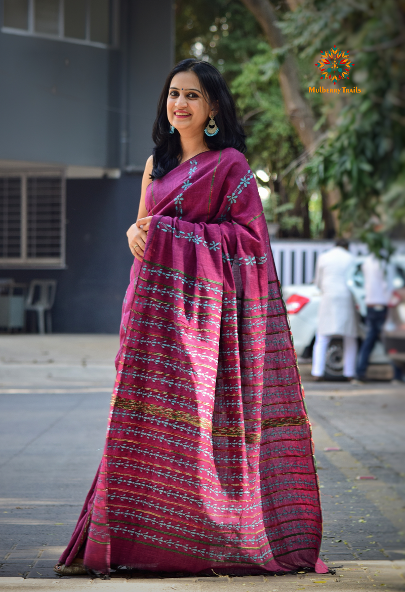 Vipas: Cotton Handloom Saree with Kantha Embroidery - Purple Blue