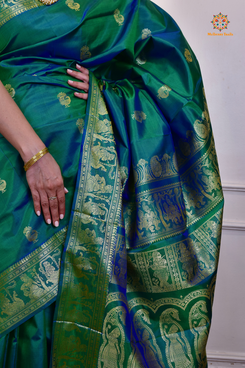 Bishnupadi: Pure Silk Resham Baluchari _Peacock green