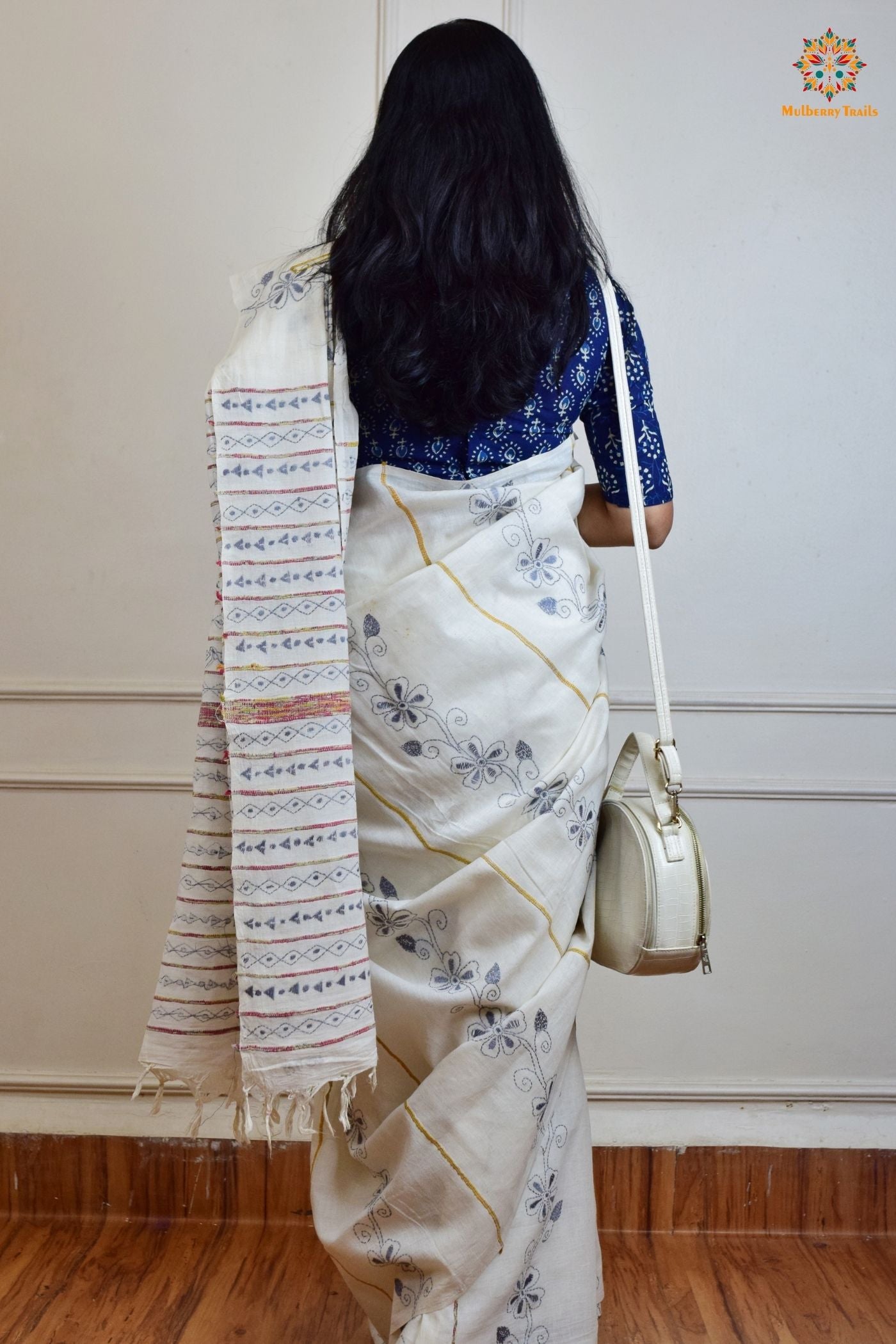 Vipas: Cotton Handloom Saree with Kantha Embroidery