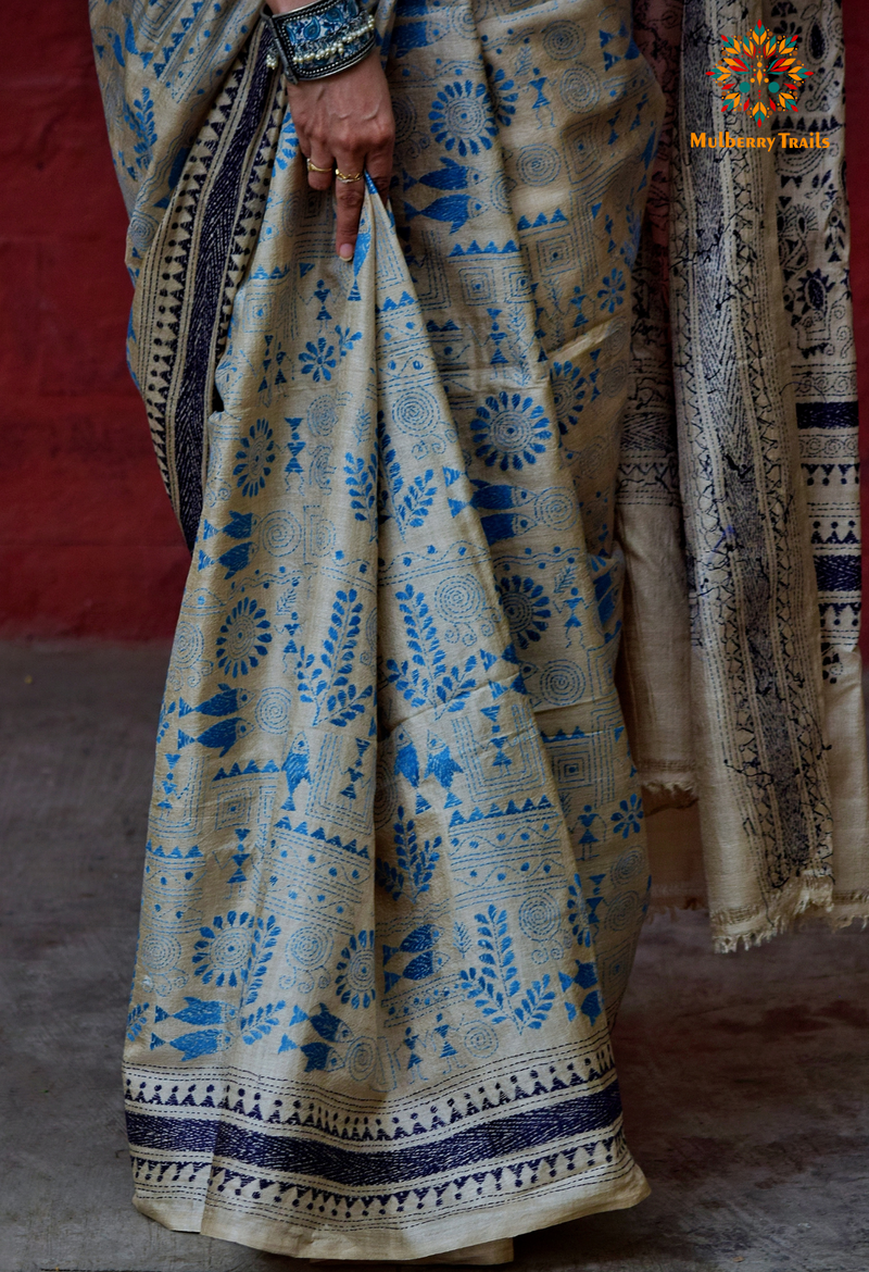 Rima - Pure Ghhachi Tusser Silk Warli Embroidery Saree Navy