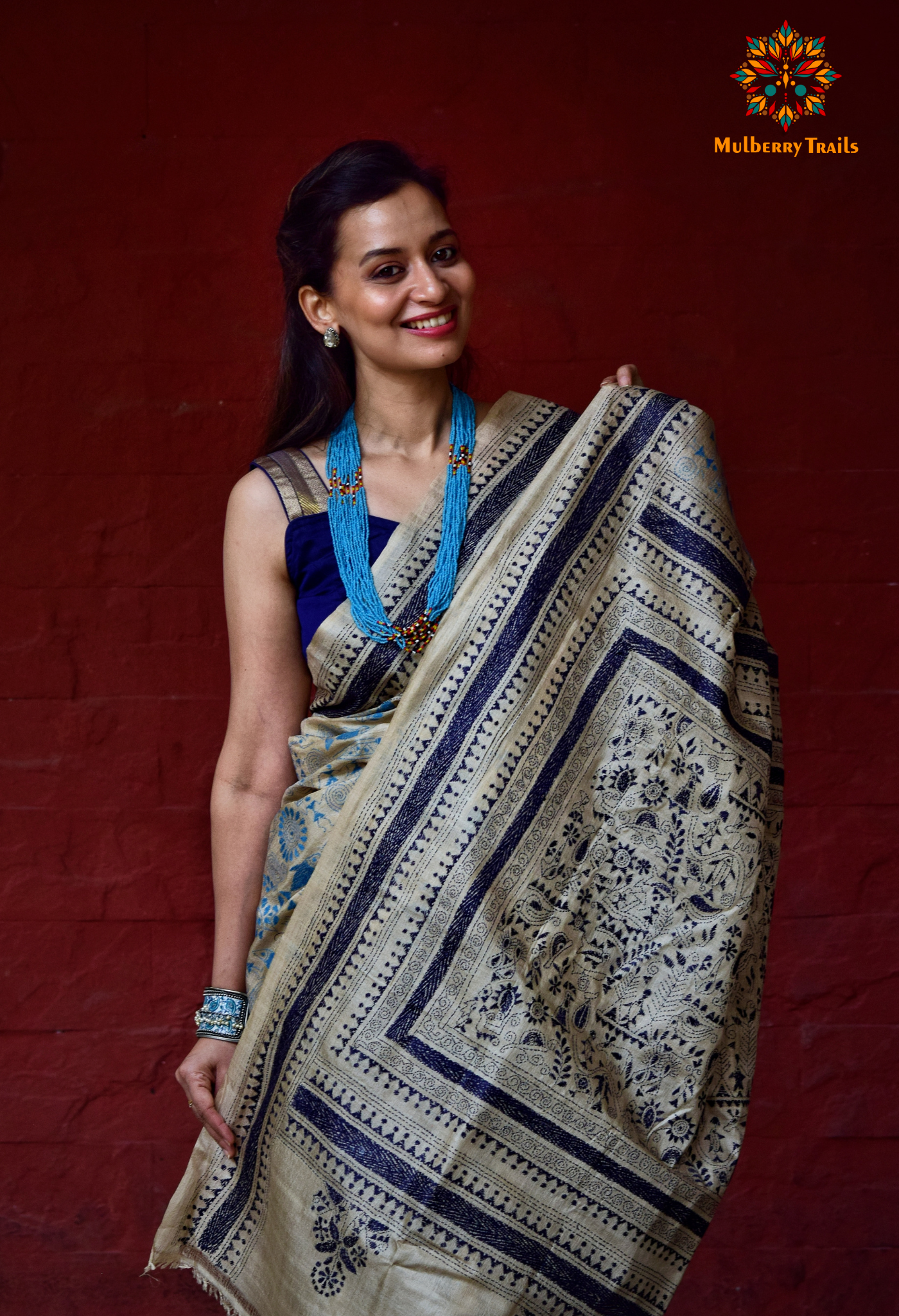 Rima - Pure Ghhachi Tusser Silk Warli Embroidery Saree Navy