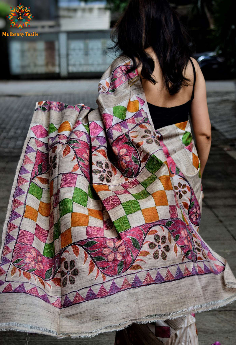 Rima - Tusser Silk multicolored painted saree with Kantha Embroidery Saree
