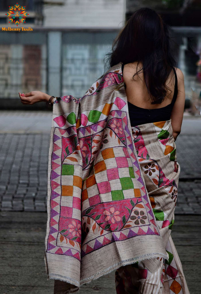 Rima - Tusser Silk multicolored painted saree with Kantha Embroidery Saree