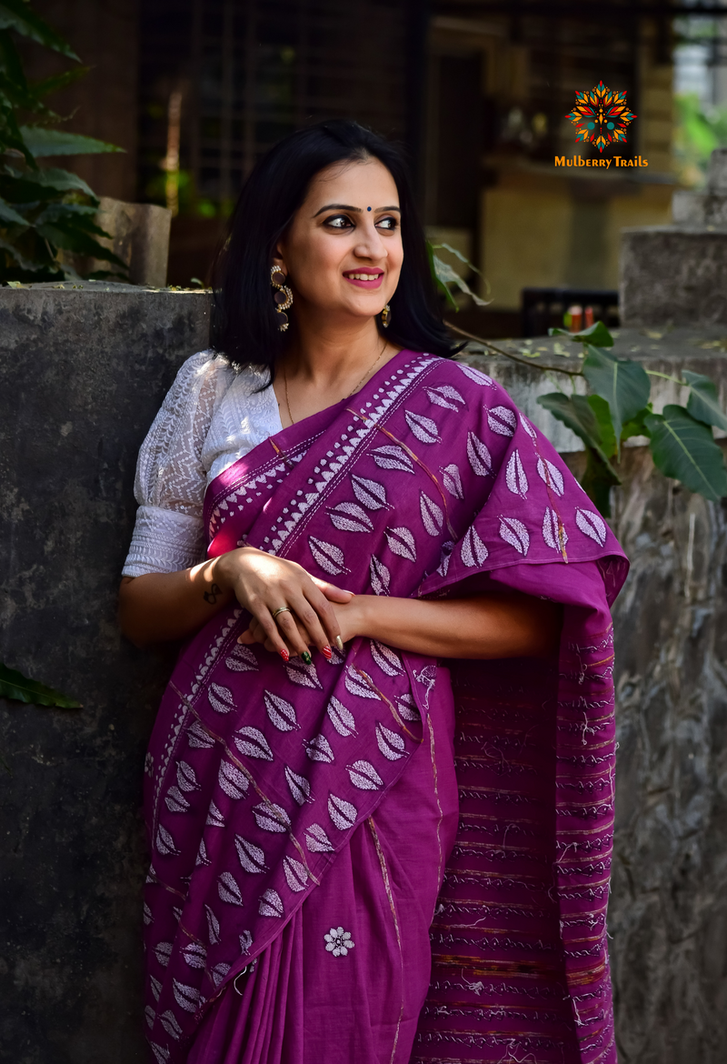 Vipas: Cotton Handloom Saree with Kantha Embroidery - Purple