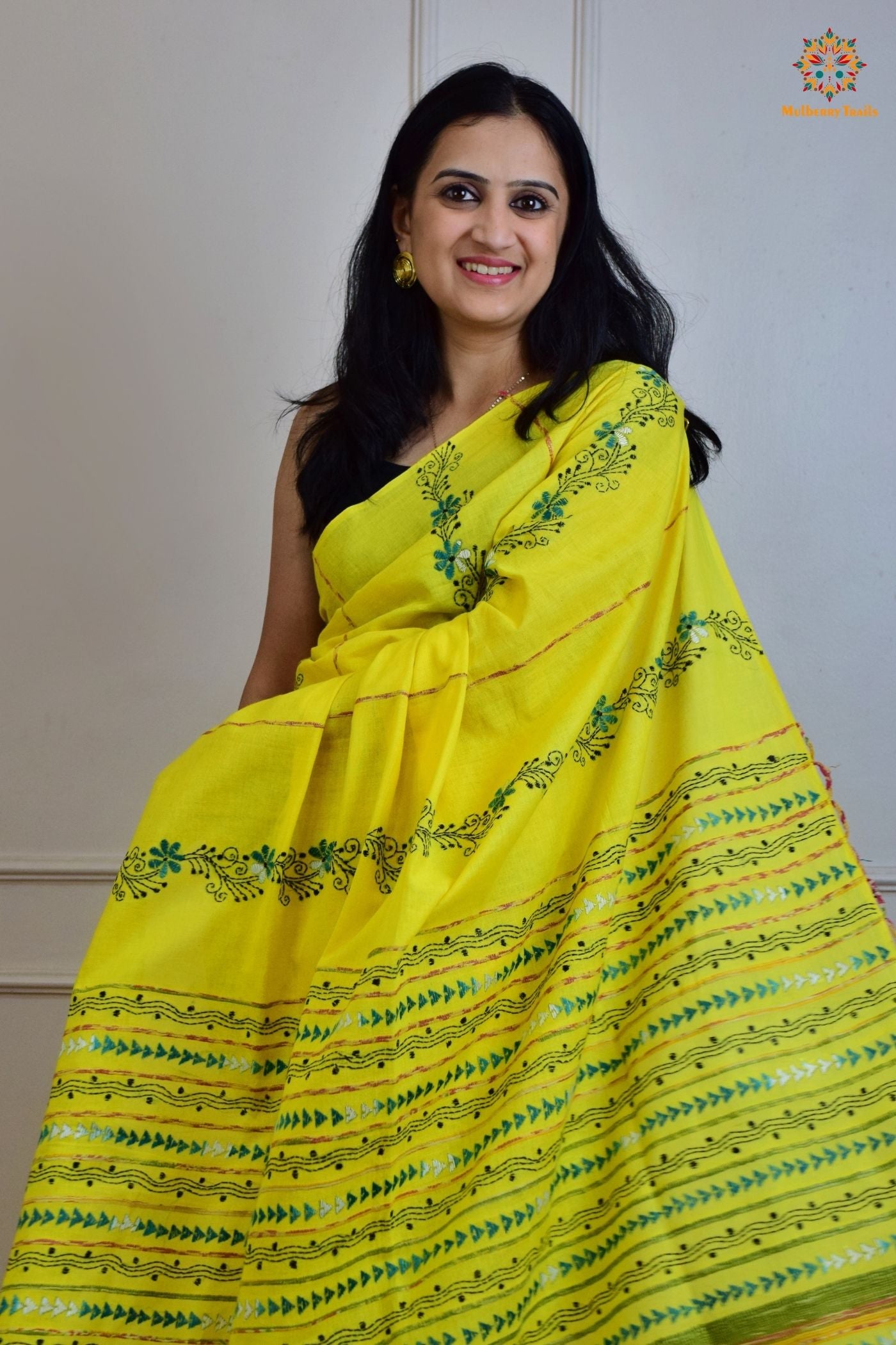 Vipas: Cotton Handloom Saree with Kantha Embroidery