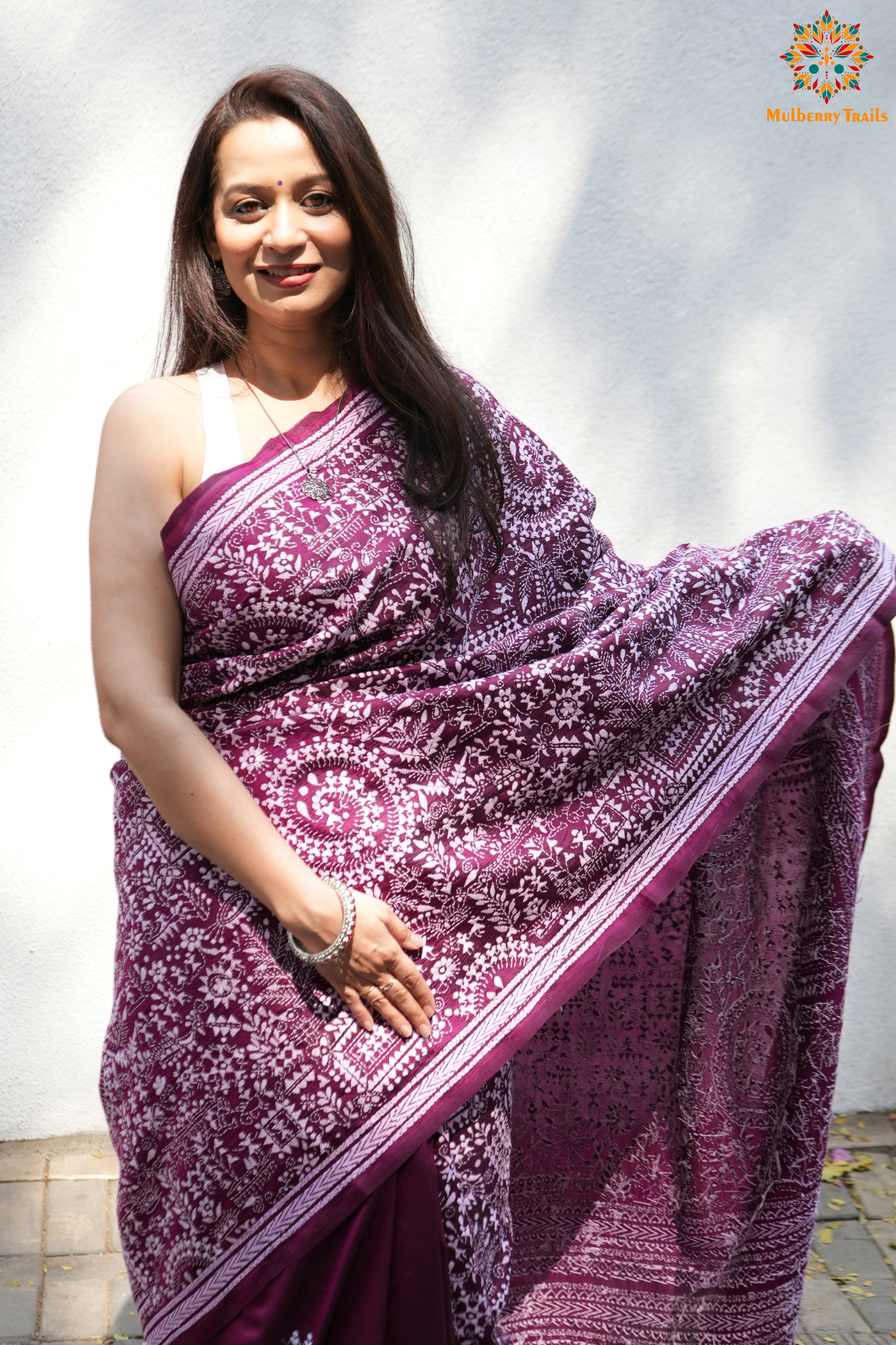 Rima - Wine Silk Saree with Kantha Embroidery