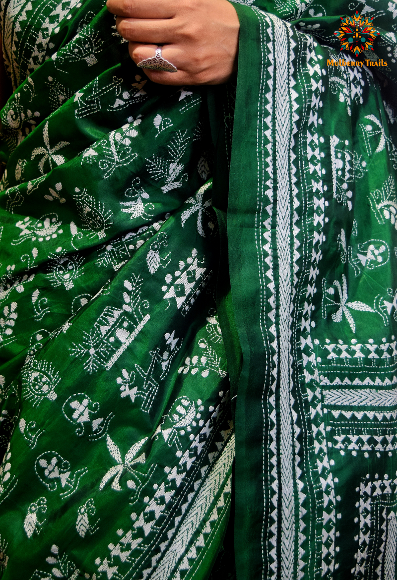 Rima - Green Warli Bangalore Silk Kantha Embroidery Saree