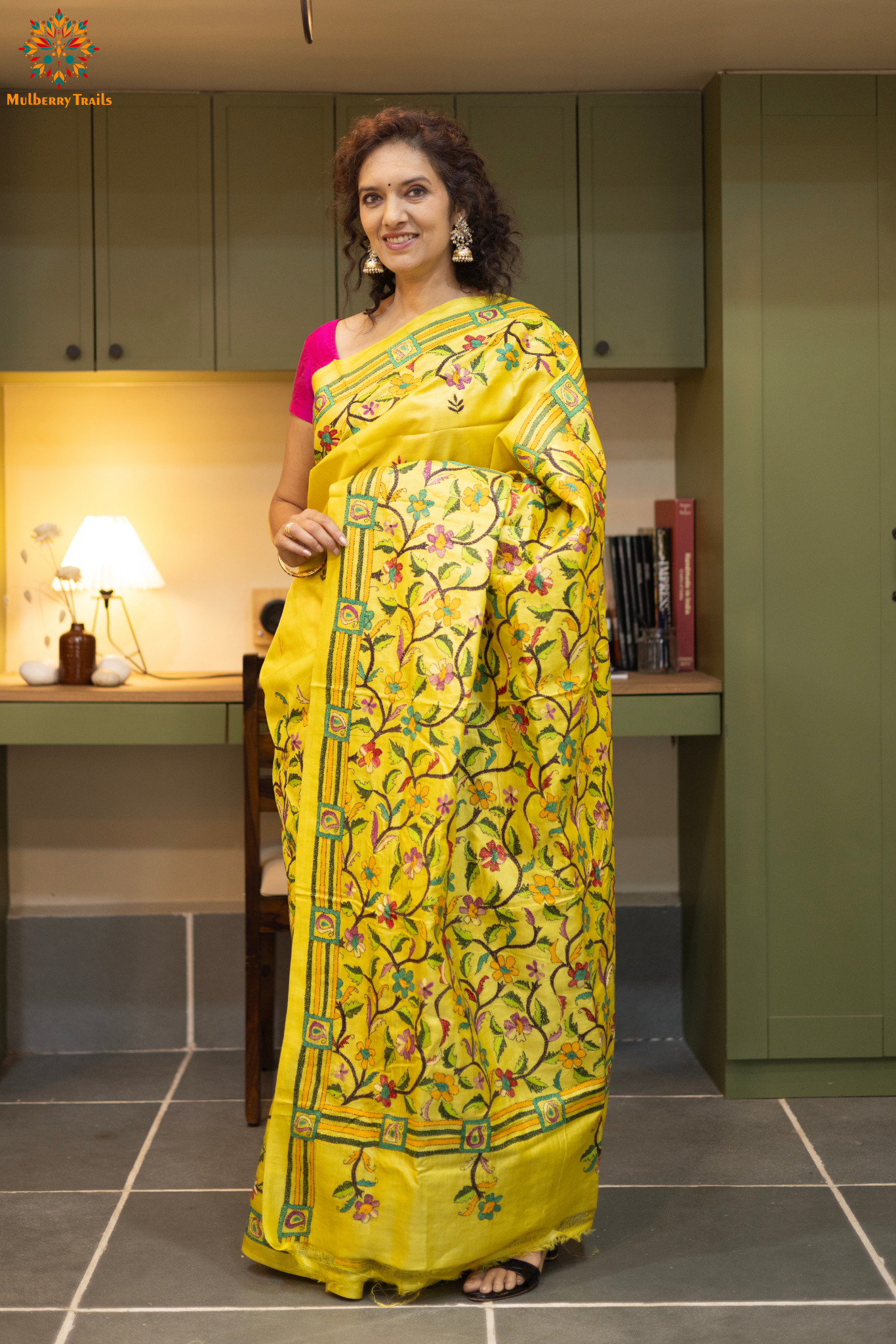Rima - Tusser silk saree with kantha embroidery yellow