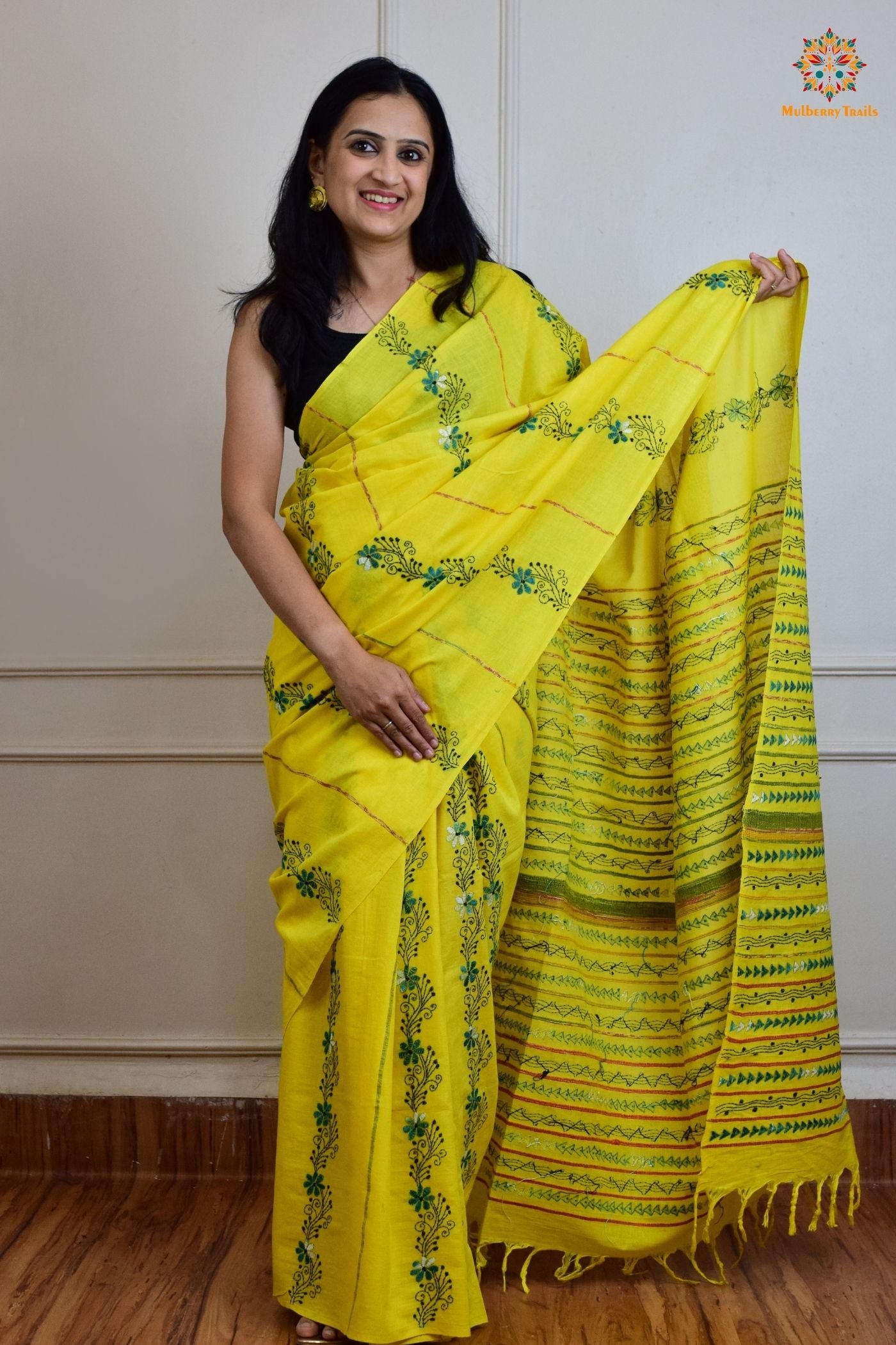 Vipas: Cotton Handloom Saree with Kantha Embroidery