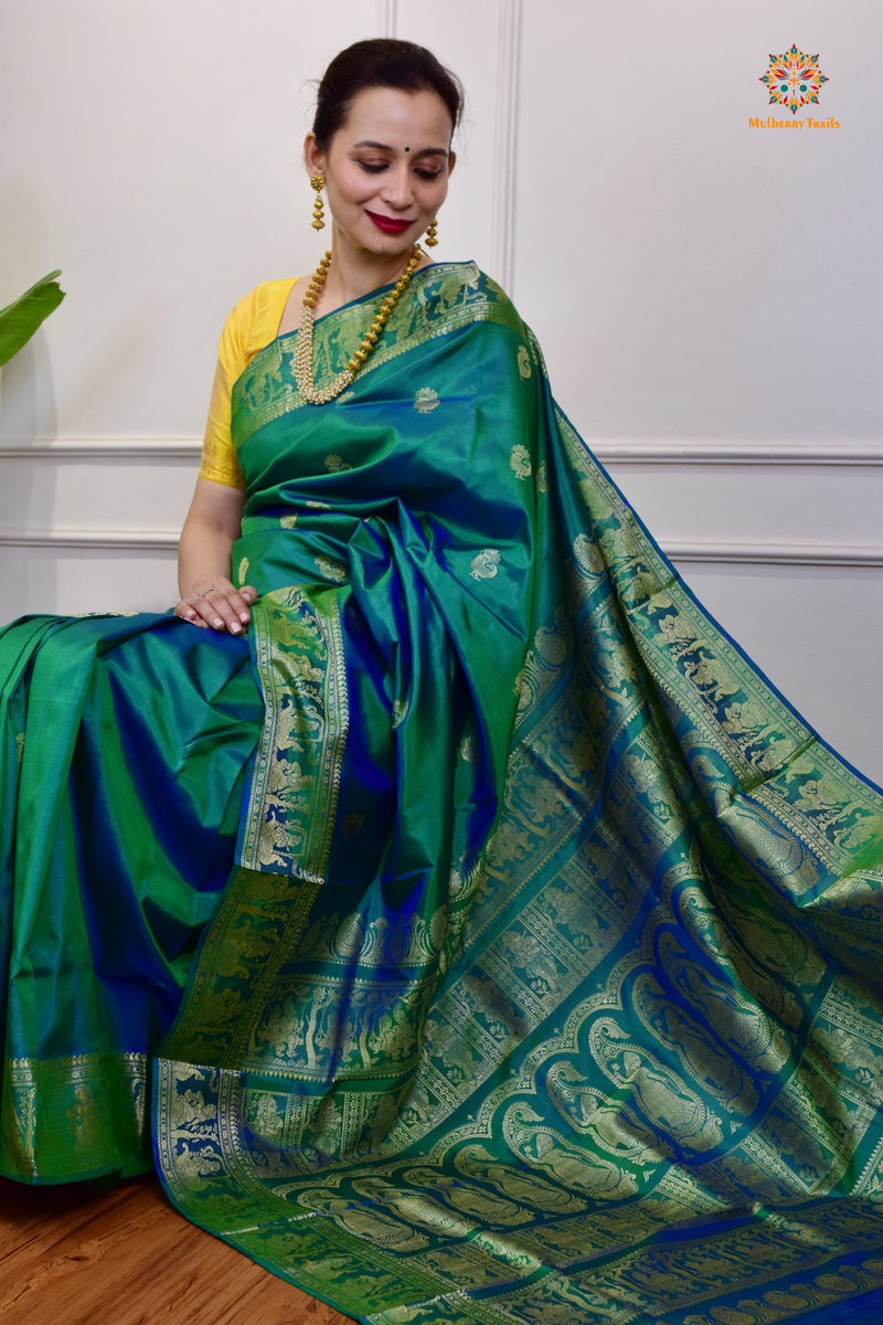 Bishnupadi: Pure Silk Resham Baluchari _Peacock green