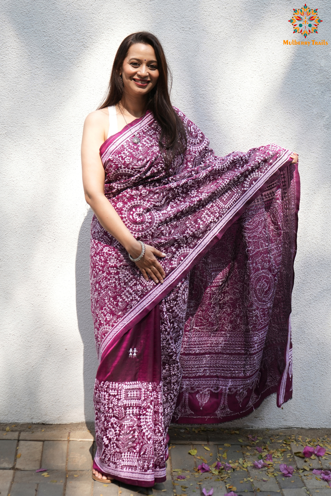 Rima - Wine Silk Saree with Kantha Embroidery