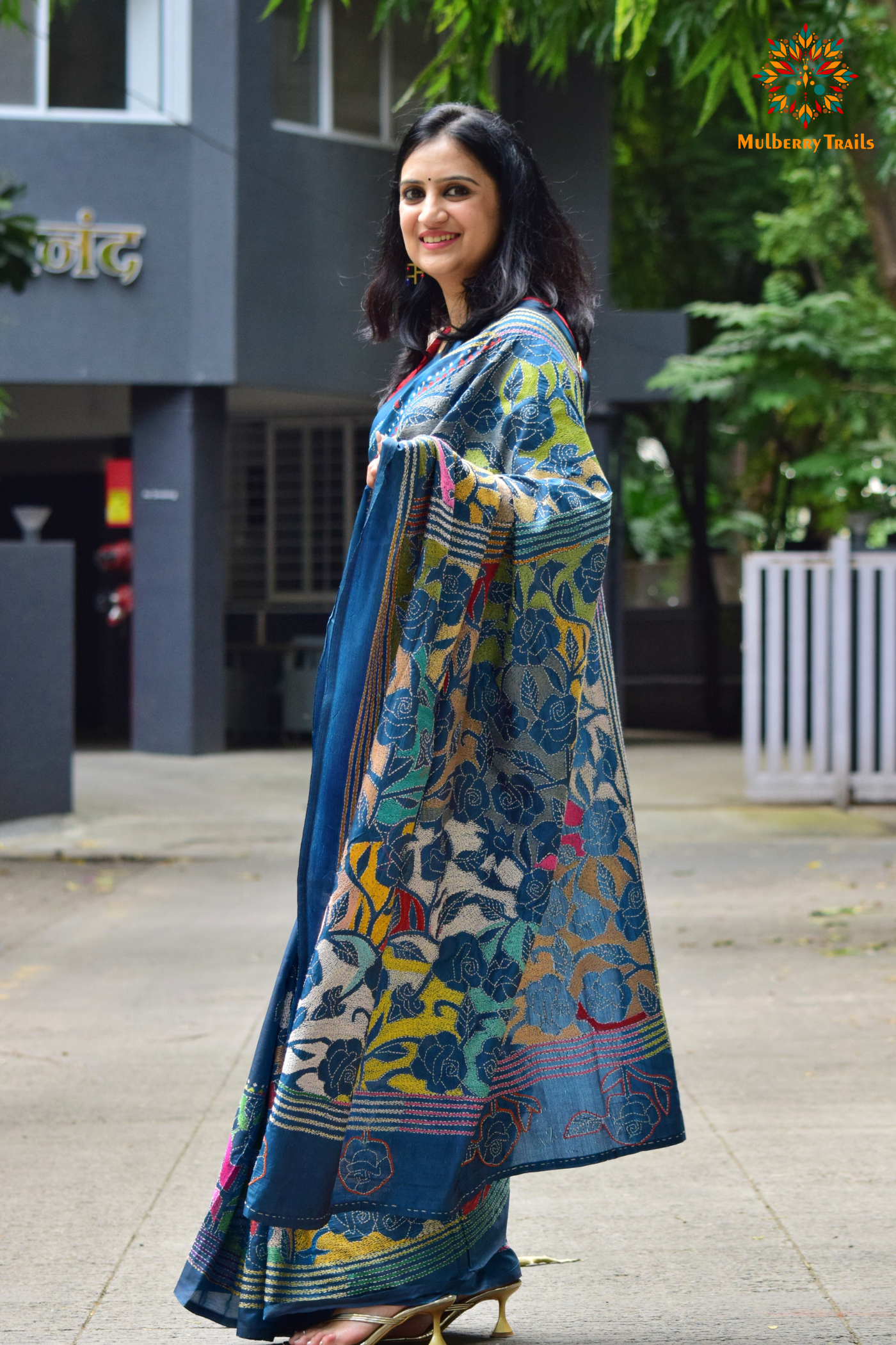 Art Silk saree with intricate Kantha embroidery featuring delicate floral and geometric patterns. The saree has a smooth, lightweight texture with vibrant threads that highlight the traditional hand-embroidery, adding a touch of elegance and cultural charm. Ideal for festive occasions, celebrations, or as a statement piece for special events.