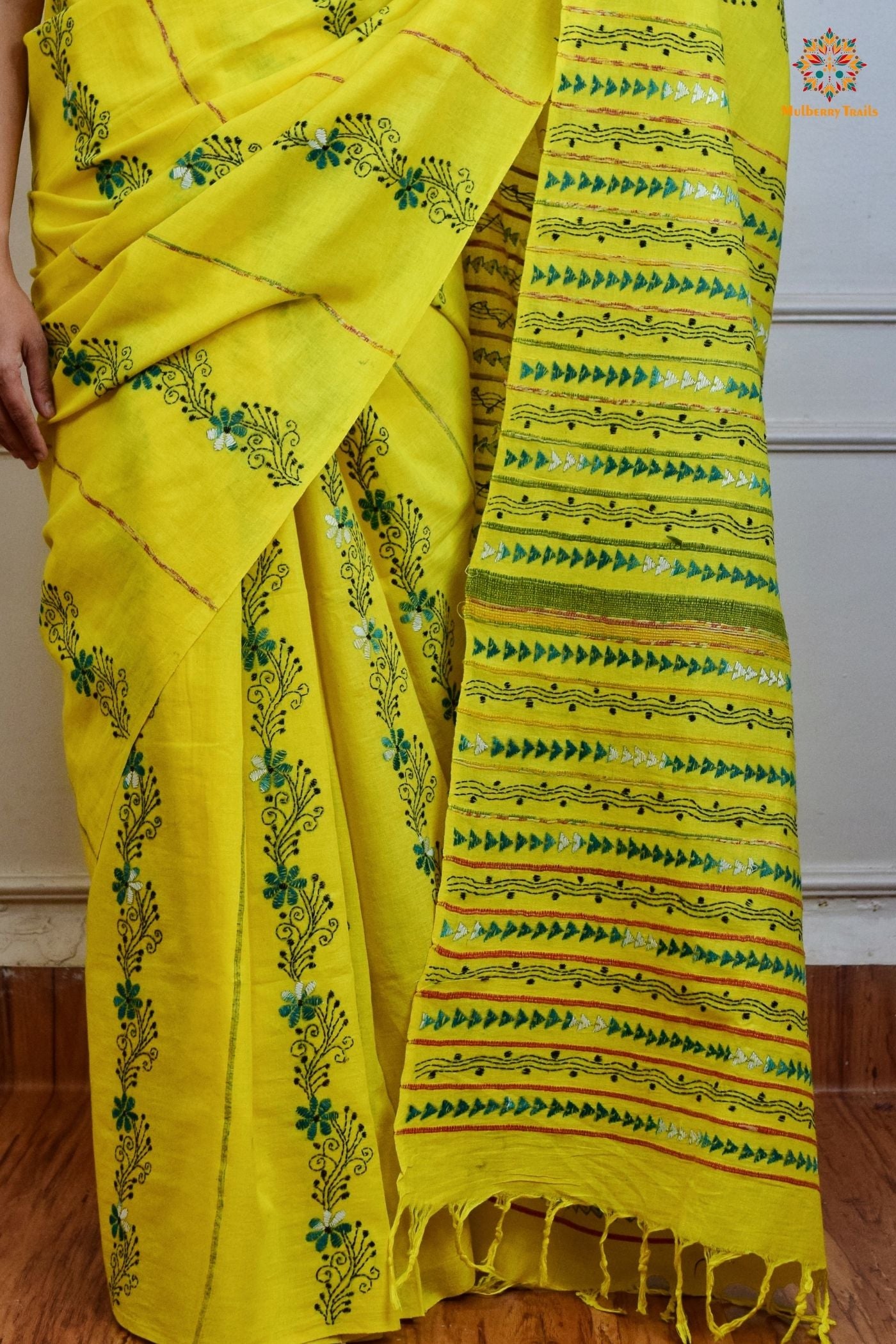 Vipas: Cotton Handloom Saree with Kantha Embroidery