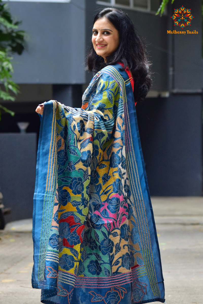 Art Silk saree with intricate Kantha embroidery featuring delicate floral and geometric patterns. The saree has a smooth, lightweight texture with vibrant threads that highlight the traditional hand-embroidery, adding a touch of elegance and cultural charm. Ideal for festive occasions, celebrations, or as a statement piece for special events.