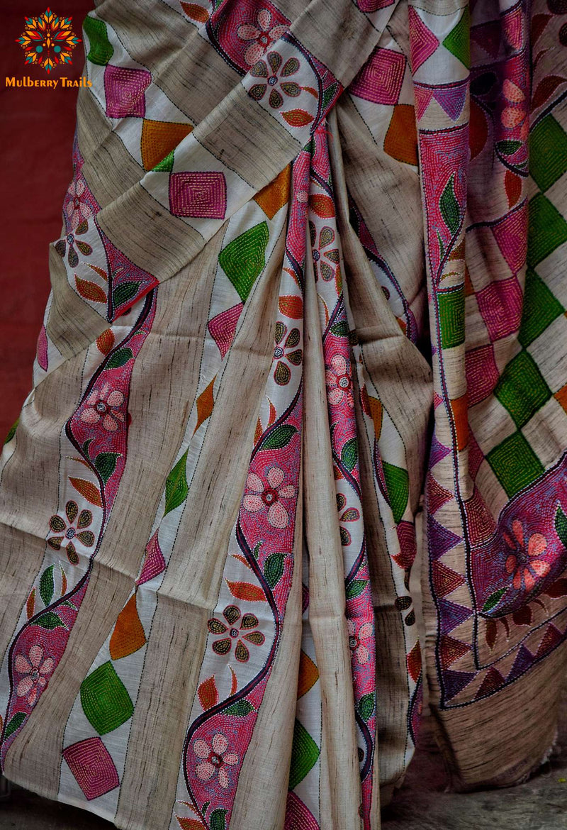 Rima - Tusser Silk multicolored painted saree with Kantha Embroidery Saree