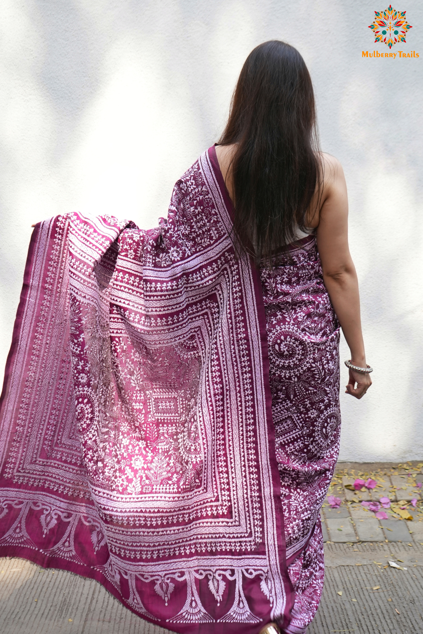 Rima - Wine Silk Saree with Kantha Embroidery