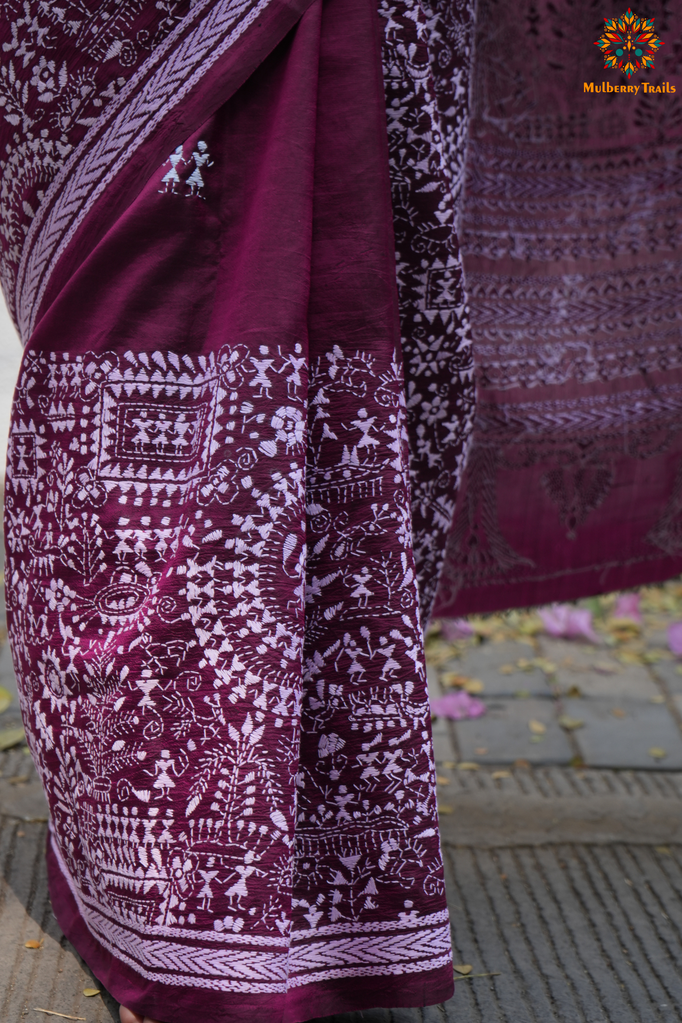 Rima - Wine Silk Saree with Kantha Embroidery