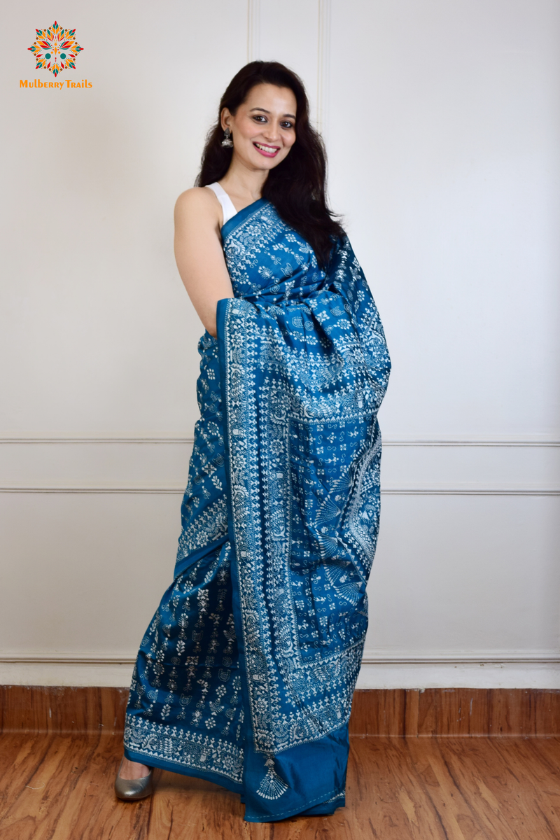 Rima - Peacock BlueBangalore Silk Saree with Warli Embroidery Saree