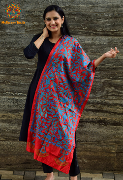 Hand Embroidered Kantha Stole - Red