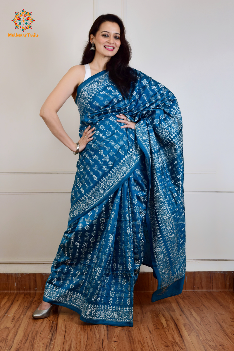 Rima - Peacock BlueBangalore Silk Saree with Warli Embroidery Saree