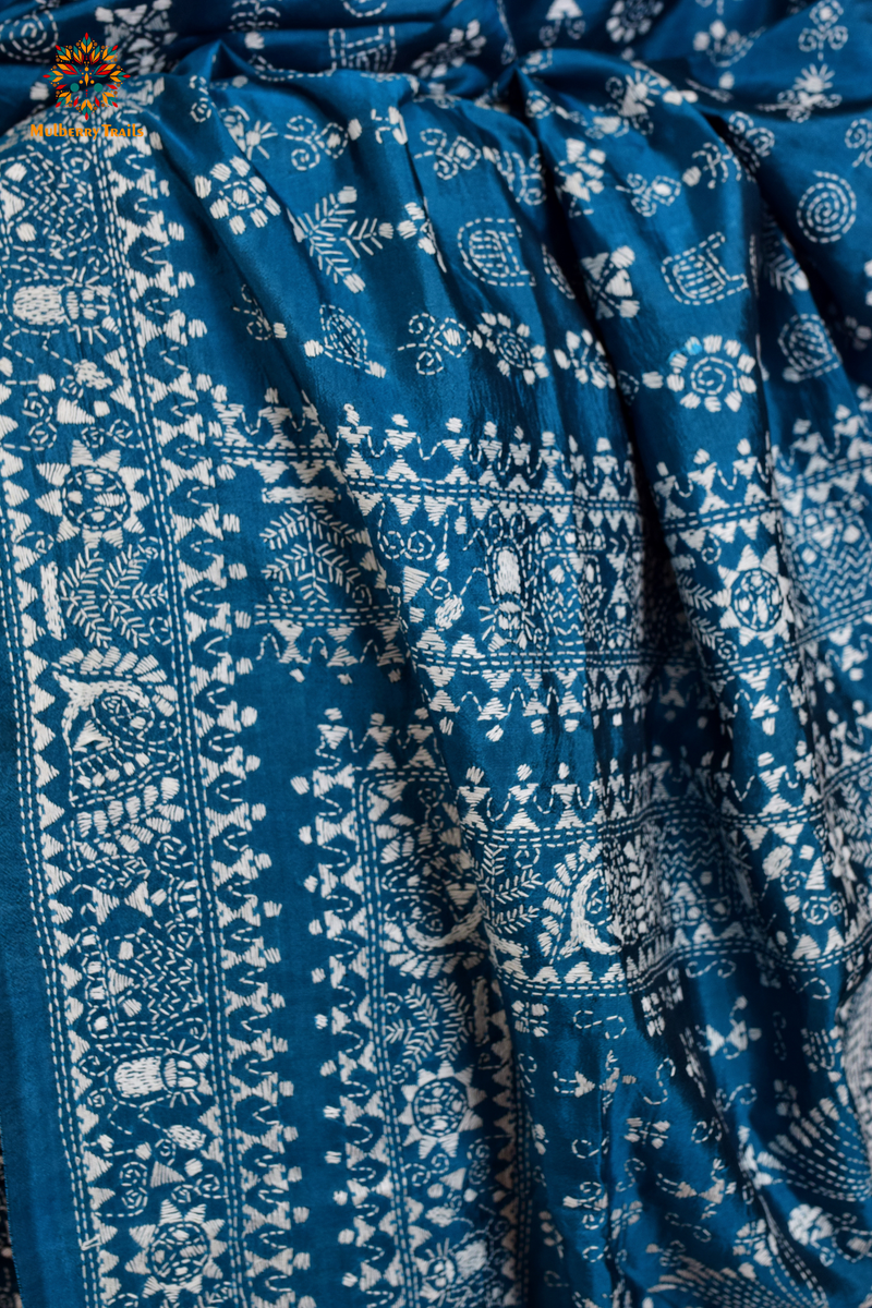 Rima - Peacock BlueBangalore Silk Saree with Warli Embroidery Saree