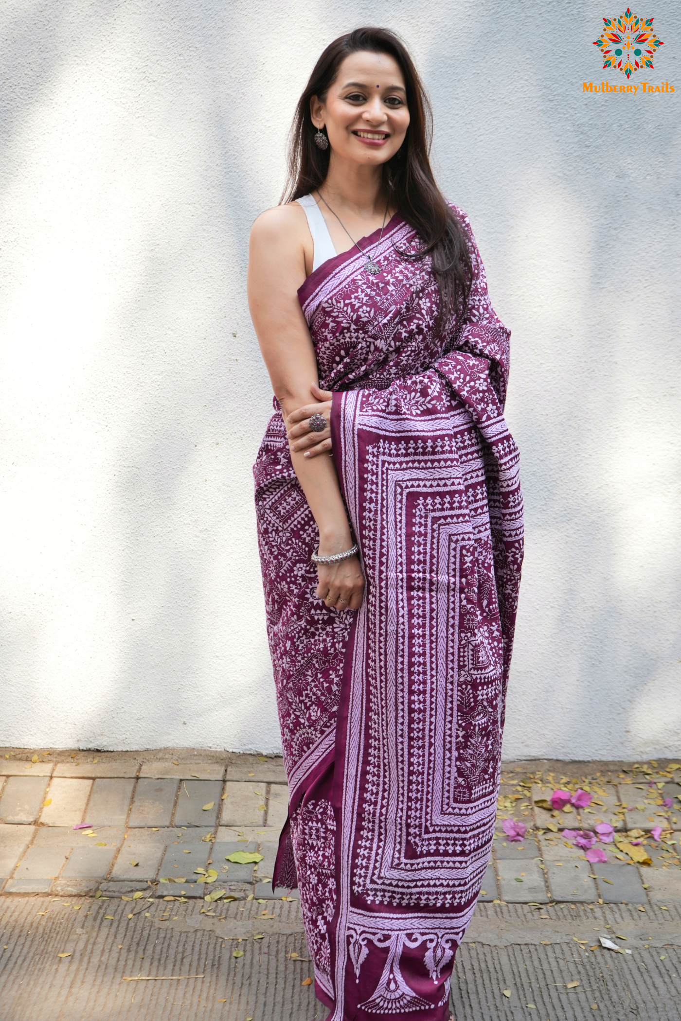 Rima - Wine Silk Saree with Kantha Embroidery