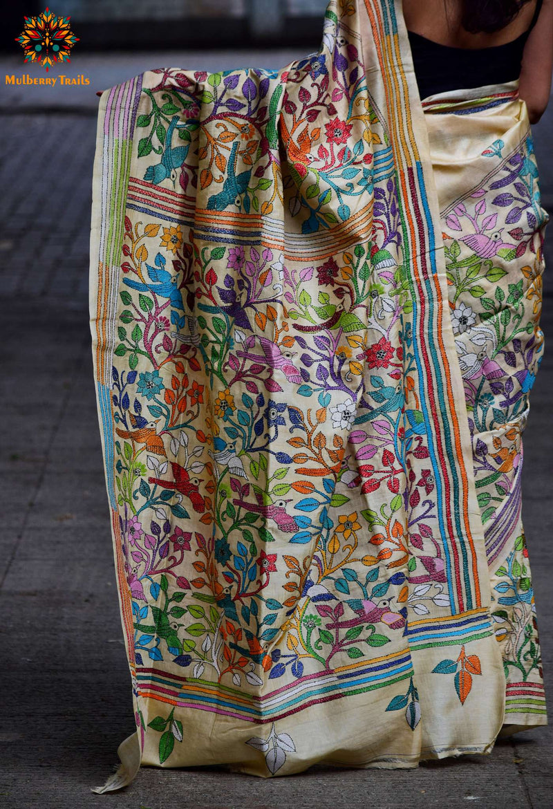 Rima - Tusser Silk exclusive Pakhi Kantha Embroidery Saree