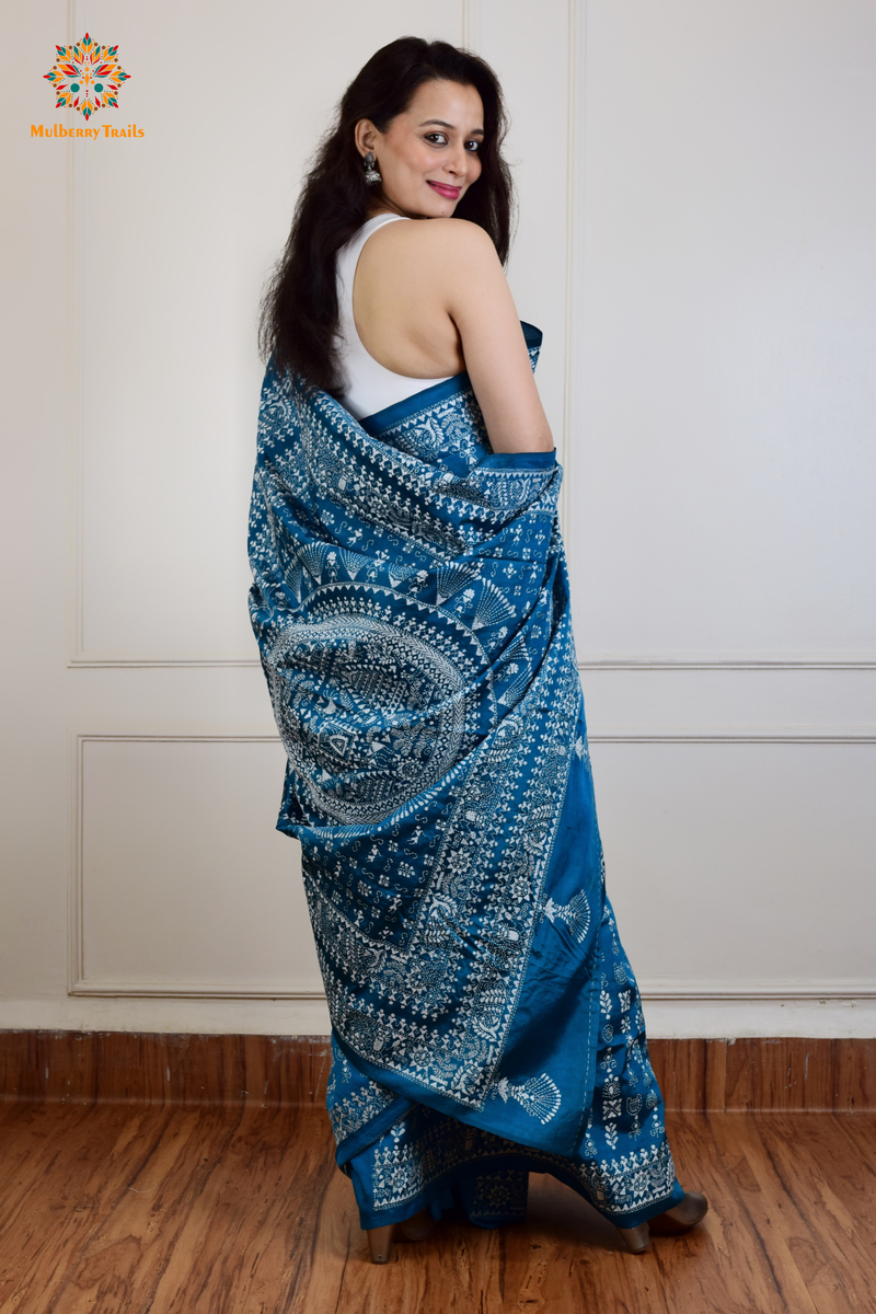 Rima - Peacock BlueBangalore Silk Saree with Warli Embroidery Saree