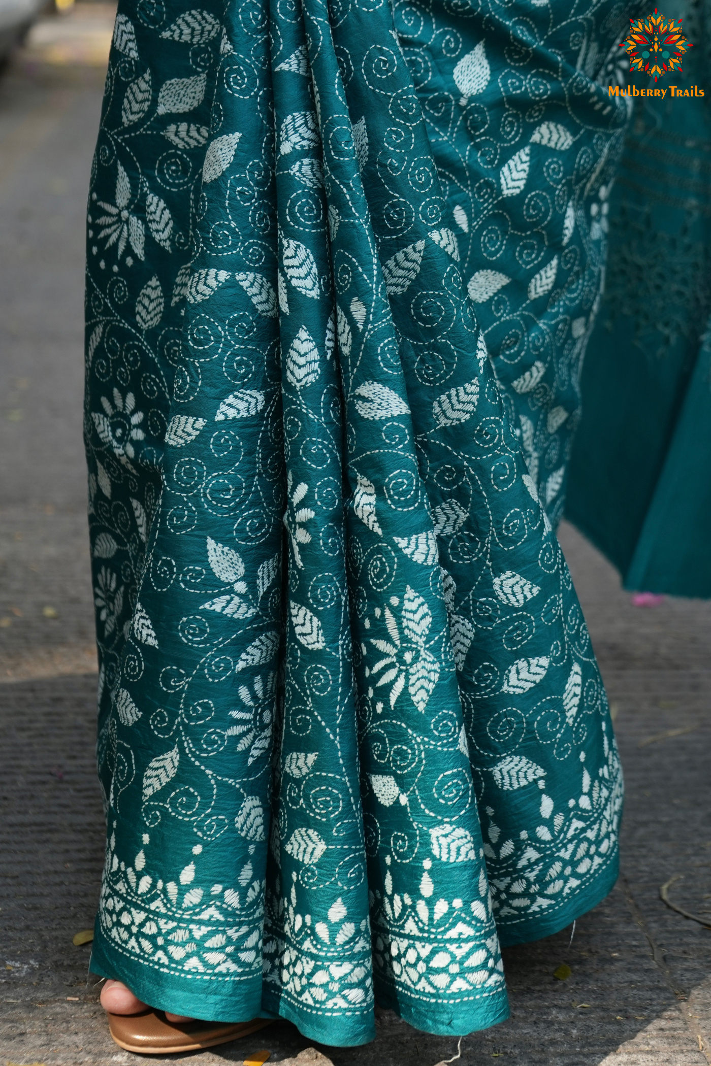 Rima - Cyan Silk Saree with floral Embroidery