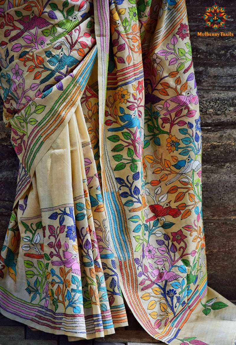 Rima - Tusser Silk exclusive Pakhi Kantha Embroidery Saree