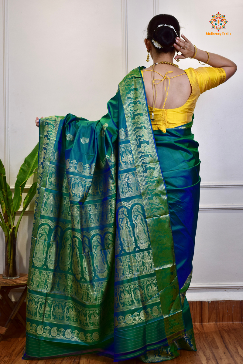 Bishnupadi: Pure Silk Resham Baluchari _Peacock green