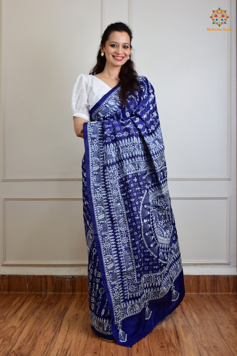 Rima - Blue Silk Saree with Warli Embroidery