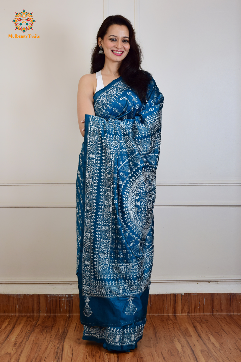 Rima - Peacock BlueBangalore Silk Saree with Warli Embroidery Saree