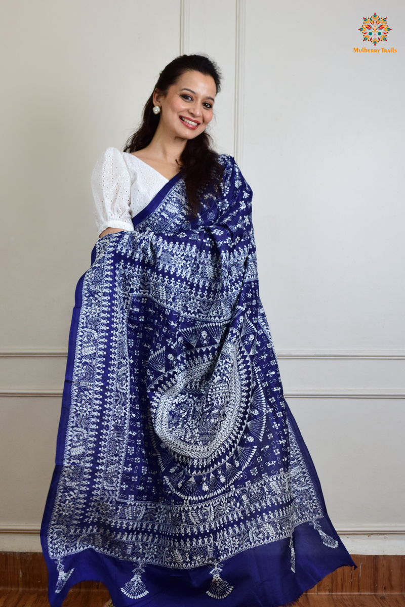 Rima - Blue Silk Saree with Warli Embroidery